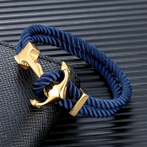 Anthropologie Other - Gold Color Anchor Bracelet With Multilayer Rope Men Fashion. Stainless Steel